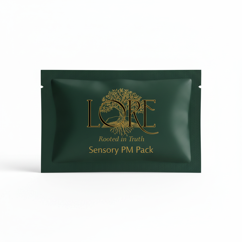 Sensory PM Pack supplement packet with LORE branding