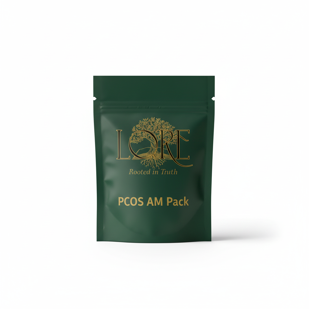 PCOS AM Pack supplement packet with LORE branding