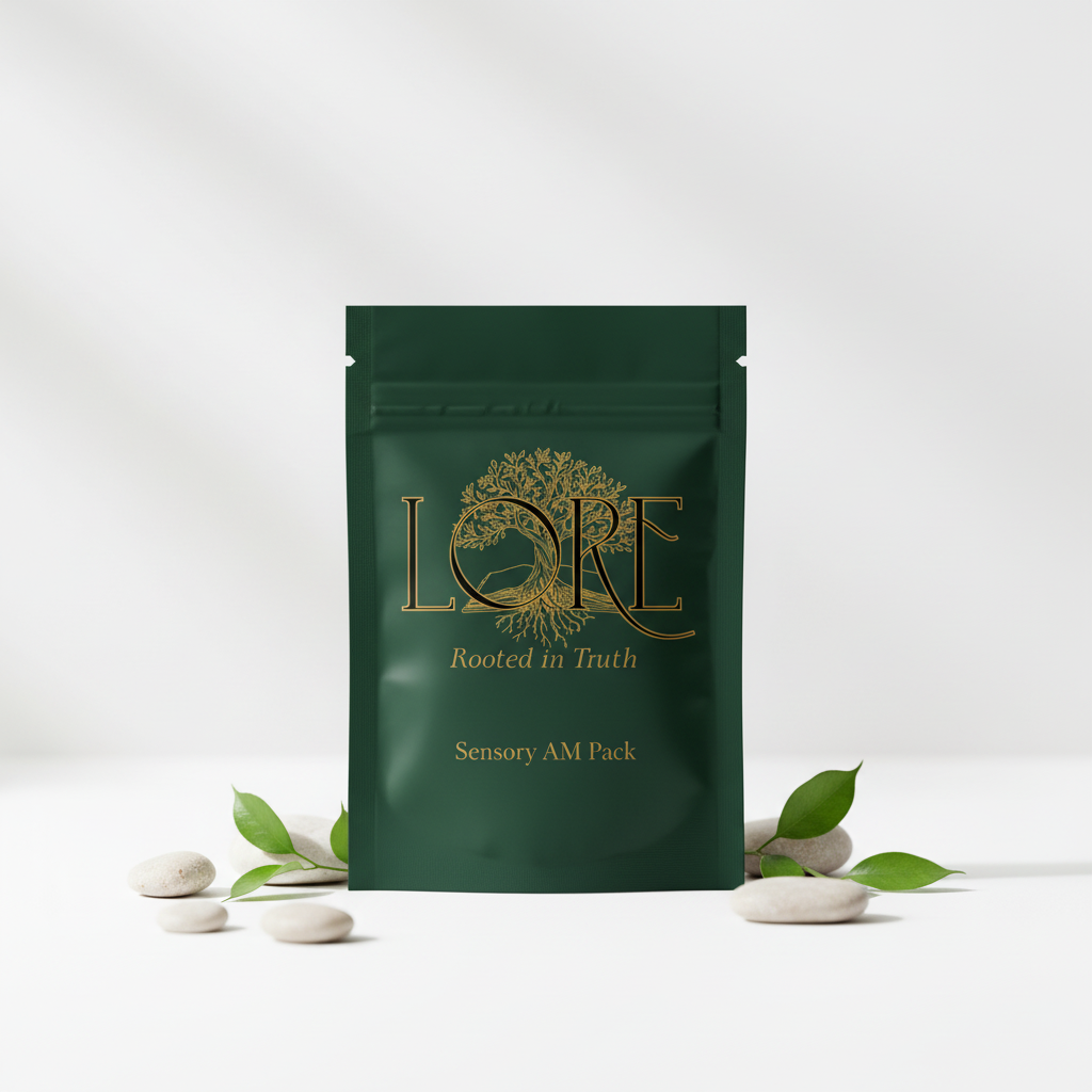 Sensory AM Pack supplement packet with LORE branding