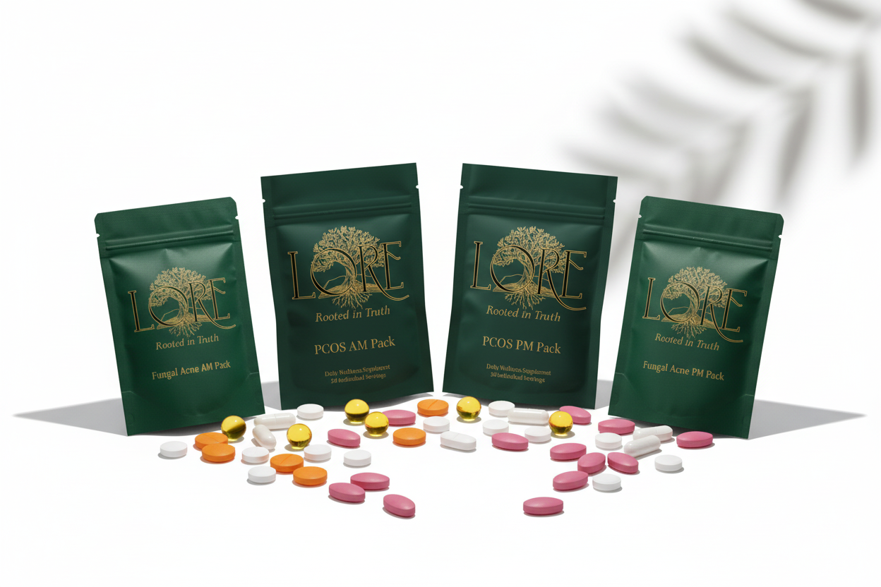LORE supplement pouches with spilled vitamins